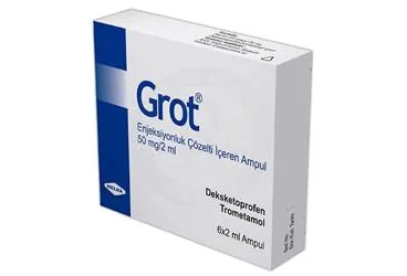 GROT 50 MG/2 ML I.M./I.V. ENJEKSIYONLUK COZELTI ICEREN 6 AMPUL kutusu. Deksketoprofen içeren çözelti. Üretici: HELBA İLAÇ İÇ VE DIŞ SANAYİ TİCARET ANONİM ŞİRKETİ.