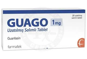 GUAGO 1 MG UZATILMIS SALIMLI TABLET (28 TABLET) kutusu, tablet formunda guanfasin içerir. Üretici: FARMA-TEK İLAÇ SANAYİ VE TİCARET A.Ş.