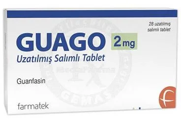 GUAGO 2 MG UZATILMIS SALIMLI TABLET (28 TABLET) kutu fotoğrafı, tablet formunda guanfasin içerir. Üretici: FARMA-TEK İLAÇ SANAYİ VE TİCARET A.Ş.