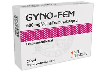 Fentikonazol nitrat içeren yumuşak kapsül: GYNO-FEM 600 MG VAJINAL YUMUSAK KAPSUL (2 KAPSUL) kutusu. Üretici: NEUPHARMA İLAÇ KOZMETİK VE MEDİKAL SANAYİ VE TİCARET LİMİTED ŞİRKETİ.