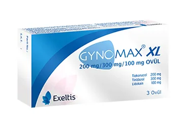 Tiyokonazol + tinidazol + lidokain - vajinal içeren ovül: GYNOMAX XL 200 MG/ 300 MG/ 100 MG 3 VAJINAL OVUL ürün ambalajı. Üretici: EXELTİS İLAÇ SANAYİİ VE TİCARET ANONİM ŞİRKETİ.
