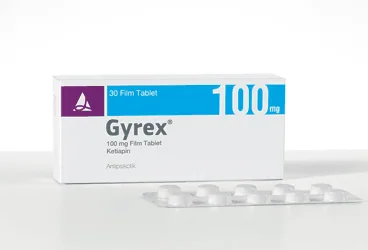 GYREX 100 MG FILM KAPLI TABLET (30 FILM KAPLI TABLET) kutu fotoğrafı, film kaplı tablet formunda ketiapin içerir. Üretici: SANTA FARMA İLAÇ SAN. A.Ş.