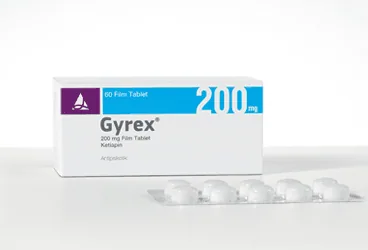 GYREX 200 MG FILM KAPLI TABLET (30 FILM KAPLI TABLET) (ketiapin) ambalajı, film kaplı tablet. Üretici: SANTA FARMA İLAÇ SAN. A.Ş.