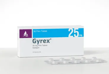 GYREX 25 MG FILM KAPLI TABLET (30 FILM KAPLI TABLET) kutusu, film kaplı tablet formunda ketiapin içerir. Üretici: SANTA FARMA İLAÇ SAN. A.Ş.