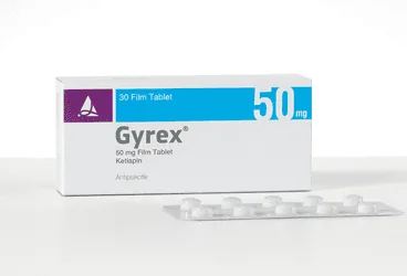 GYREX 50 MG FILM KAPLI TABLET (30 FILM KAPLI TABLET) ürün ambalajı, film kaplı tablet formunda ketiapin içerir. Üretici: SANTA FARMA İLAÇ SAN. A.Ş.