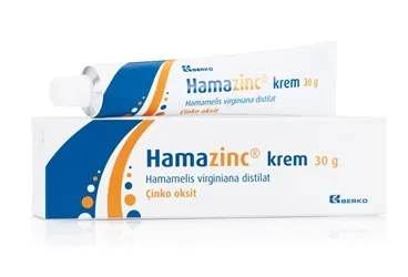 HAMAZINC KREM, 30 G ürün ambalajı. Standardize hamamelis virgina ekstresi + çinko oksit içeren krem. Üretici: BERKO İLAÇ VE KİMYA SAN. A.Ş.