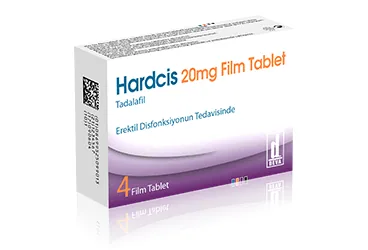 Tadalafil içeren film kaplı tablet: HARDCIS 20 MG 2 FILM TABLET kutusu. Üretici: DEVA HOLDİNG ANONİM ŞİRKETİ.