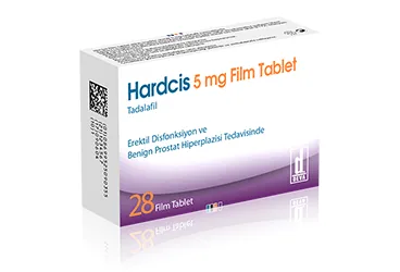 HARDCIS 5 MG FILM TABLET (28 TABLET) kutu fotoğrafı, film kaplı tablet formunda tadalafil içerir. Üretici: DEVA HOLDİNG ANONİM ŞİRKETİ.