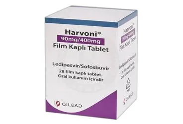 HARVONI 90 MG/400 MG 28 FILM KAPLI TABLET ürün ambalajı. Sofosbuvir + ledipasvir içeren film kaplı tablet. Üretici: GİLEAD SCİENCES İLAÇ TİCARET LTD. ŞTİ.