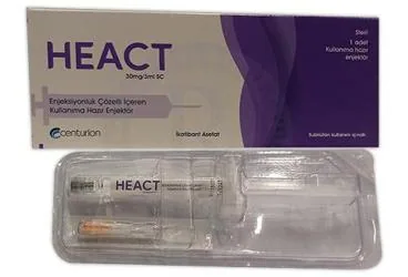 Ikatibant içeren çözelti: HEACT 30 MG/3 ML SC ENJEKSIYONLUK COZELTI ICEREN KULLANIMA HAZIR ENJEKTOR ürün ambalajı. Üretici: CENTURİON İLAÇ SANAYİ VE TİCARET ANONİM ŞİRKETİ.