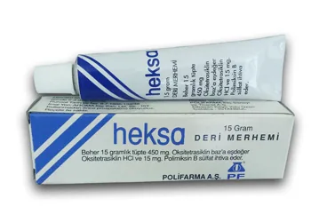 HEKSA DERI 15 GR MERHEM ürün ambalajı. Oksitetrasiklin hcl + polimiksin b sülfat içeren merhem. Üretici: POLİFARMA İLAÇ SAN. VE TİC. A.Ş.