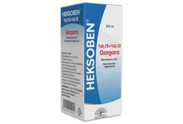 Benzidamin kombinasyonları -oral içeren HEKSOBEN %0,15/0,12 GARGARA (200 ML) ambalajı. Üretici: TCT PHARMA İLAÇ SANAYİ VE TİCARET ANONİM ŞİRKETİ.