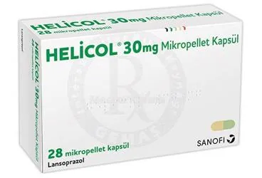 HELICOL 30 MG 28 MİKROPELLET KAPSÜL kutusu. Lansoprazol içeren kapsül. Üretici: SANOFİ İLAÇ SANAYİ ve TİC. A.Ş.