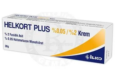 HELKORT PLUS %0.05 / %2 KREM (30 G) ürün ambalajı. Halometazon + fusidik asit içeren krem. Üretici: İLKO İLAÇ SAN. VE TİC. A.Ş.