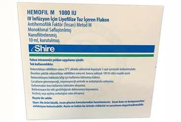 HEMOFIL M 1000 IU IV INFUZYON ICIN LIYOFILIZE TOZ ICEREN FLAKON kutusu. Anti hemofilik faktör 8 içeren flakon. Üretici: TAKEDA İLAÇ SAĞLIK SANAYİ TİCARET LTD.ŞTİ.