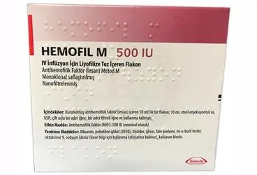 Anti hemofilik faktör 8 içeren flakon: HEMOFIL M 500 IU IV INFUZYON ICIN LIYOFILIZE TOZ ICEREN FLAKON kutusu. Üretici: TAKEDA İLAÇ SAĞLIK SANAYİ TİCARET LTD.ŞTİ.