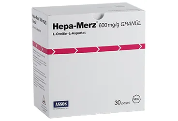 HEPA-MERZ GRANÜL 3 GR 30 POŞET ambalajı. Etkin maddesi l-ornithin l-aspartat. Üretici: ASSOS İLAÇ KİMYA GIDA ÜRÜNLERİ ÜRETİM VE TİC. A.Ş.