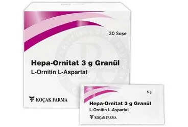 L-ornithin l-aspartat içeren HEPA-ORNITAT 3 GR GRANUL (30 POSET) kutu fotoğrafı. Üretici: KOÇAK FARMA İLAÇ VE KİMYA SANAYİ A.Ş.