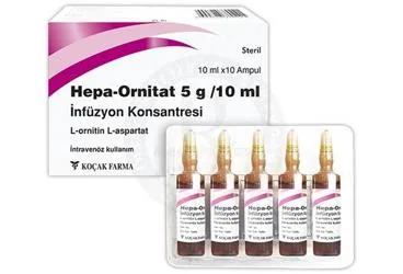 L-ornithin l-aspartat içeren ampul: HEPA-ORNITAT 5G/10ML INFUZYON KONSANTRESI 10 AMPUL ambalajı. Üretici: KOÇAK FARMA İLAÇ VE KİMYA SANAYİ A.Ş.