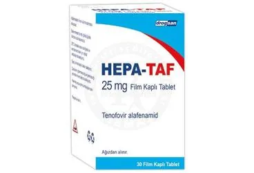 HEPA-TAF 25 MG FiLM KAPLI TABLET (tenofovir alafenamid) kutusu, film kaplı tablet. Üretici: DROGSAN İLAÇLARI SAN. VE TİC. A.Ş.