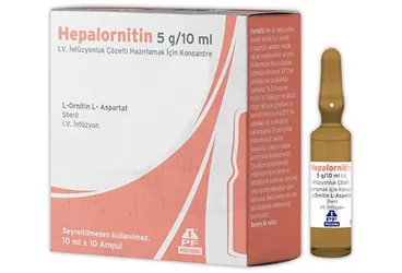 HEPALORNITIN 5 MG/10 ML I.V. INFUZYONLUK COZELTI HAZIRLAMAK ICIN KONSANTRE (10 AMPUL) ürün ambalajı. L-ornithin l-aspartat içeren çözelti. Üretici: POLİFARMA İLAÇ SAN. VE TİC. A.Ş.