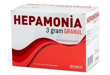 L-ornithin l-aspartat içeren HEPAMONIA GRANUL 3 GR 30 ADET ürün ambalajı. Üretici: DİNÇSA İLAÇ SAN. VE TİC. A.Ş.
