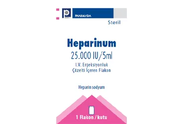 Heparin içeren çözelti: HEPARINUM 25000 IU/5 ML I.V. ENJEKSIYONLUK COZELTI ICEREN 1 FLAKON kutusu. Üretici: PHARMADA İLAÇ SANAYİ VE TİCARET A.Ş.