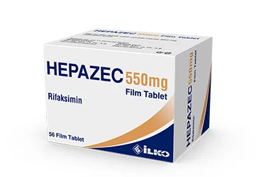 HEPAZEC 550 MG FILM TABLET (56 TABLET) ambalajı. Rifaksimin içeren film kaplı tablet. Üretici: İLKO İLAÇ SAN. VE TİC. A.Ş.