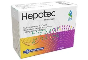 HEPOTEC 140 MG 30 KAPSUL ürün ambalajı. Silimarin içeren kapsül. Üretici: WORLD MEDICINE İLAÇ SAN. VE TİC. A.Ş.