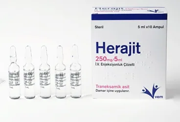 HERAJIT 250 MG/5 ML IV ENJEKSIYONLUK COZELTI kutu fotoğrafı. Traneksamik asit içeren çözelti. Üretici: VEM İLAÇ SAN. VE TİC. ANONİM ŞİRKETİ.