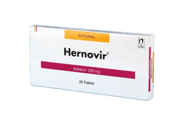 HERNOVIR 200 MG 25 TABLET ürün ambalajı, tablet formunda asiklovir içerir. Üretici: NOBEL İLAÇ SAN. VE TİC. A.Ş.