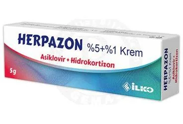 HERPAZON %5 + %1 KREM (5 GR) ürün ambalajı. Asiklovir + hidrokortizon içeren krem. Üretici: İLKO İLAÇ SAN. VE TİC. A.Ş.