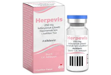HERPEVIS 250 MG INFUZYOLUK COZELTI HAZIRLAMAK ICIN LIYOFILIZE TOZ (1 FLAKON) kutusu. Asiklovir içeren çözelti. Üretici: AROMA İLAÇ SAN.LTD.ŞTİ.