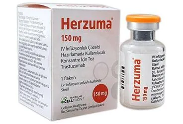 Trastuzumab içeren çözelti: HERZUMA 150 MG I.V. INFUZYONLUK COZELTI HAZIRLAMADA KULLANILACAK KONSANTRE ICIN TOZ (1 FLAKON) ürün ambalajı. Üretici: CELLTRION HEALTHCARE İLAÇ SANAYİ VE TİCARET LİMİTED ŞİRKETİ.