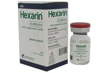 Heparin içeren çözelti: HEXARIN 25000 IU / 5 ML IV / SC ENJEKSIYONLUK COZELTI (1 ADET) ürün ambalajı. Üretici: CENTURİON İLAÇ SANAYİ VE TİCARET ANONİM ŞİRKETİ.