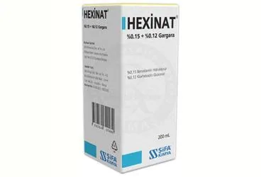 HEXINAT %0.15 + % 0.12 GARGARA (200 ML) kutusu. Etkin maddesi benzidamin kombinasyonları -oral. Üretici: KARFARMA İLAÇ SANAYİ VE TİCARET A.Ş.