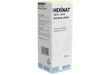 Benzidamin kombinasyonları -oral içeren çözelti: HEXINAT %0.15+%0.12 ORAL SPREY, COZELTI (30 ML) kutu fotoğrafı. Üretici: ŞİFA KİMYA İLAÇ SANAYİ VE TİCARET ANONİM ŞİRKETİ.