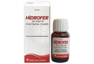 HIDROFER 50 MG/ ML ORAL DAMLA, COZELTI (30 ML) ürün ambalajı. Demir iii hidroksit içeren çözelti. Üretici: KOÇAK FARMA İLAÇ VE KİMYA SANAYİ A.Ş.