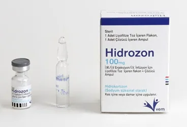 HIDROZON 100 MG IM IV ENJEKSIYON/IV INFUZYON ICIN LIYOFILIZE TOZ ICEREN FLAKON + COZUCU AMPUL (hidrokortizon) ürün ambalajı, ampul. Üretici: VEM İLAÇ SAN. VE TİC. ANONİM ŞİRKETİ.