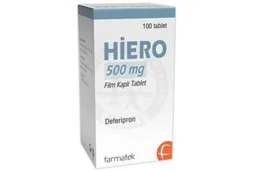 HIERO 500 MG FILM KAPLI TABLET kutu fotoğrafı, film kaplı tablet formunda deferipron içerir. Üretici: FARMA-TEK İLAÇ SANAYİ VE TİCARET A.Ş.