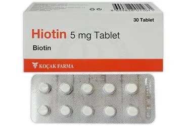 Biotin (vitamin b7) içeren tablet: HIOTIN 5 MG 30 TABLET ürün ambalajı. Üretici: KOÇAK FARMA İLAÇ VE KİMYA SANAYİ A.Ş.