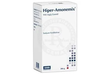 Sodyum fenilbutirat içeren HIPER-AMONEMIX 940 MG/G GRANUL (266 G) kutusu. Üretici: ASSOS İLAÇ KİMYA GIDA ÜRÜNLERİ ÜRETİM VE TİC. A.Ş.