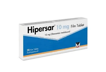 Olmesartan medoksomil içeren film kaplı tablet: HIPERSAR 10 MG FILM KAPLI TABLET (28 TABLET) kutu fotoğrafı. Üretici: MENARİNİ İLAÇ SANAYİ VE TİCARET A.Ş.