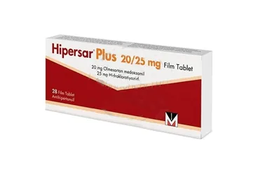 HIPERSAR PLUS 20/25 MG FILM KAPLI TABLET (28 TABLET) kutu fotoğrafı. Olmesartan medoksomil + hidroklorotiazid içeren film kaplı tablet. Üretici: MENARİNİ İLAÇ SANAYİ VE TİCARET A.Ş.