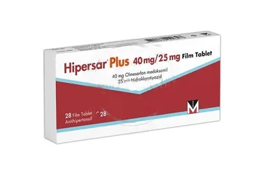 Olmesartan medoksomil + hidroklorotiazid içeren film kaplı tablet: HIPERSAR PLUS 40/25 MG FILM KAPLI TABLET (28 TABLET) kutusu. Üretici: MENARİNİ İLAÇ SANAYİ VE TİCARET A.Ş.