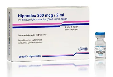 HIPNODEX 200 MCG/ 2 ML IV INFUZYON ICIN KONSANTRE COZELTI ICEREN FLAKON (5 FLAKON) ambalajı, çözelti formunda deksmedetomidin içerir. Üretici: HAVER FARMA İLAÇ ANONİM ŞİRKETİ.