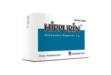 HIPPURIN 1 G FILM TABLET (28 TABLET) kutu fotoğrafı. Metenamin içeren film kaplı tablet. Üretici: RECORDATİ İLAÇ SANAYİ VE TİCARET ANONİM ŞİRKETİ.