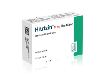 HITRIZIN 10 MG 10 FİLM TABLET kutu fotoğrafı, film kaplı tablet formunda setirizin içerir. Üretici: DEVA HOLDİNG ANONİM ŞİRKETİ.