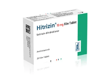 Setirizin içeren film kaplı tablet: HITRIZIN 10 MG 20 FİLM TABLET ürün ambalajı. Üretici: DEVA HOLDİNG ANONİM ŞİRKETİ.