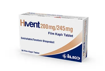 HIVENT 200 MG/245 MG 30 FİLM KAPLI TABLET kutusu, film kaplı tablet formunda tenofovir disoproksil + emtrisitabin içerir. Üretici: İLKO İLAÇ SAN. VE TİC. A.Ş.